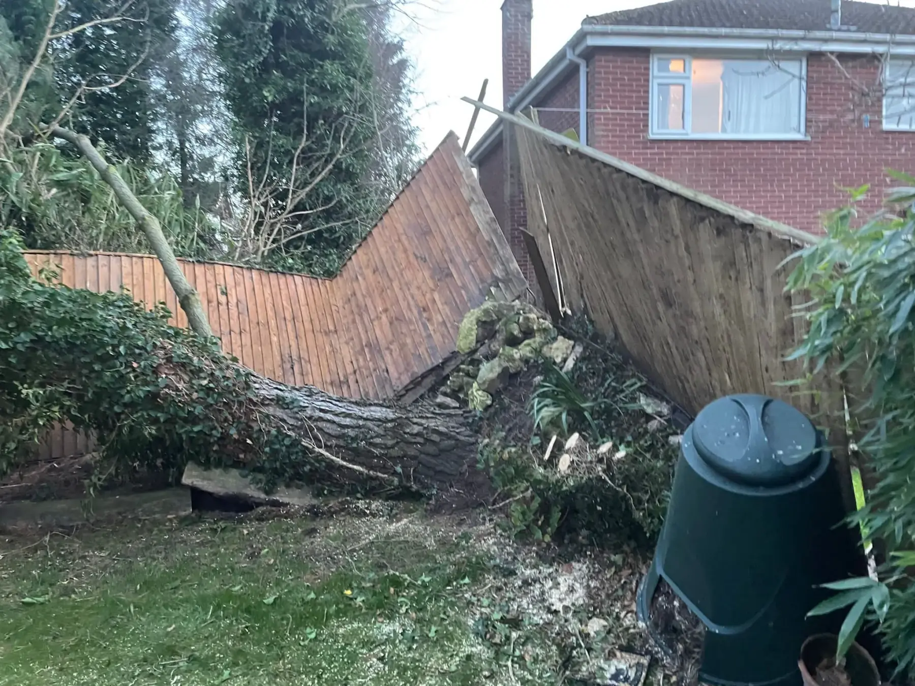 Storm-fallen tree collapsed across a garden fence beside a house